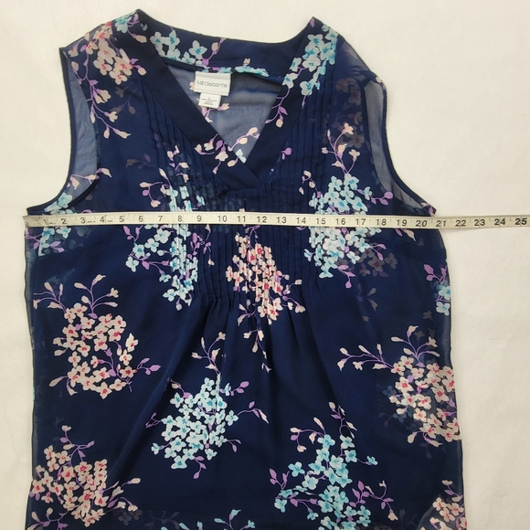 Liz Claiborne Blouse Sz Lg Blue Floral V-Neck Sleeveless Casual Sheer W/tank Top - Picture 6 of 7